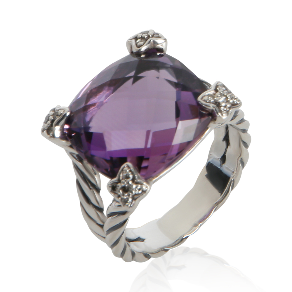 David Yurman Sterling Silver Amethyst and Diamond On Point Ring - Picture 2 of 6